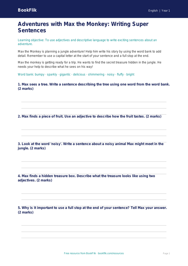 Free Creative Writing Worksheet | Year 1 Core | BookFlik worksheet preview — English Creative Writing