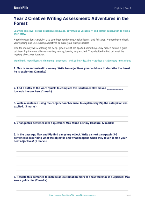 Free Creative Writing Assessment | Year 2 Core | BookFlik worksheet preview — English Creative Writing