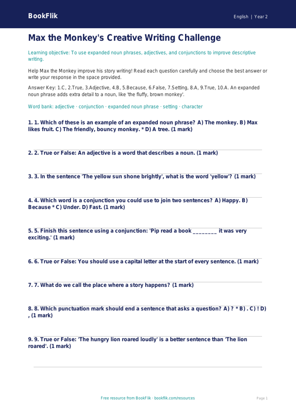 Free Creative Writing Quiz | Year 2 Core | BookFlik worksheet preview — English Creative Writing