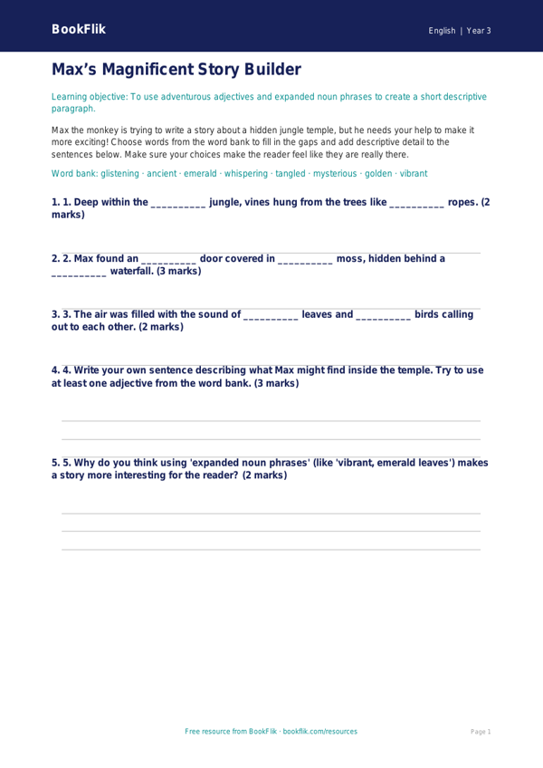 Free Creative Writing Activity Sheet | Year 3 Core | BookFlik worksheet preview — English Creative Writing
