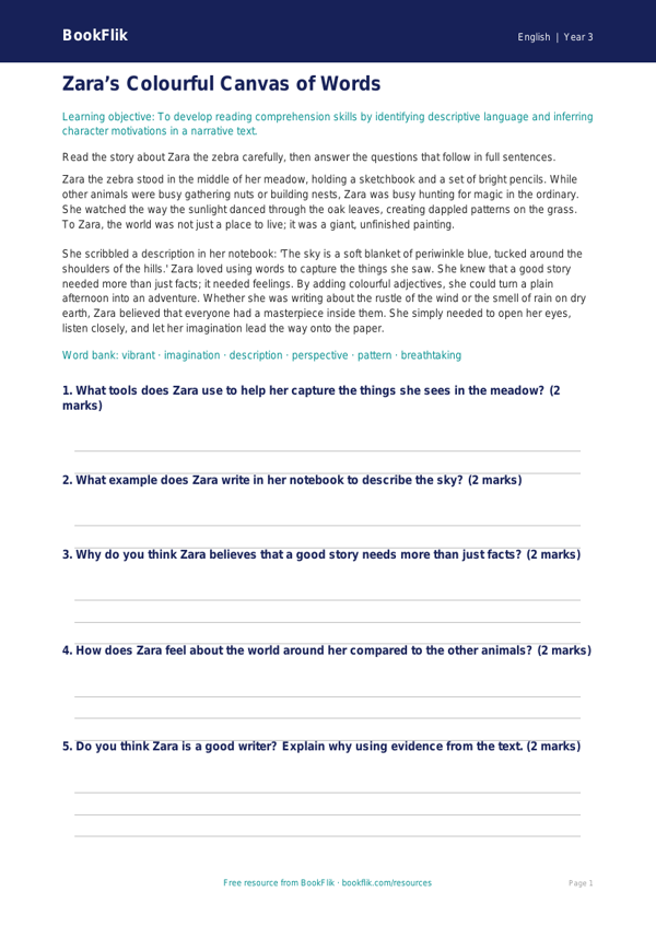 Free Creative Writing Comprehension | Year 3 Core | BookFlik worksheet preview — English Creative Writing