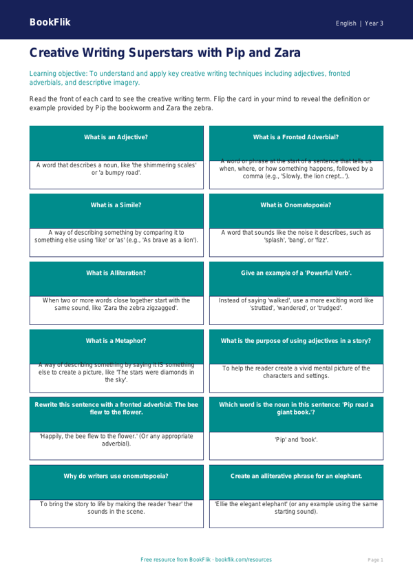 Free Creative Writing Flashcards | Year 3 Core | BookFlik worksheet preview — English Creative Writing