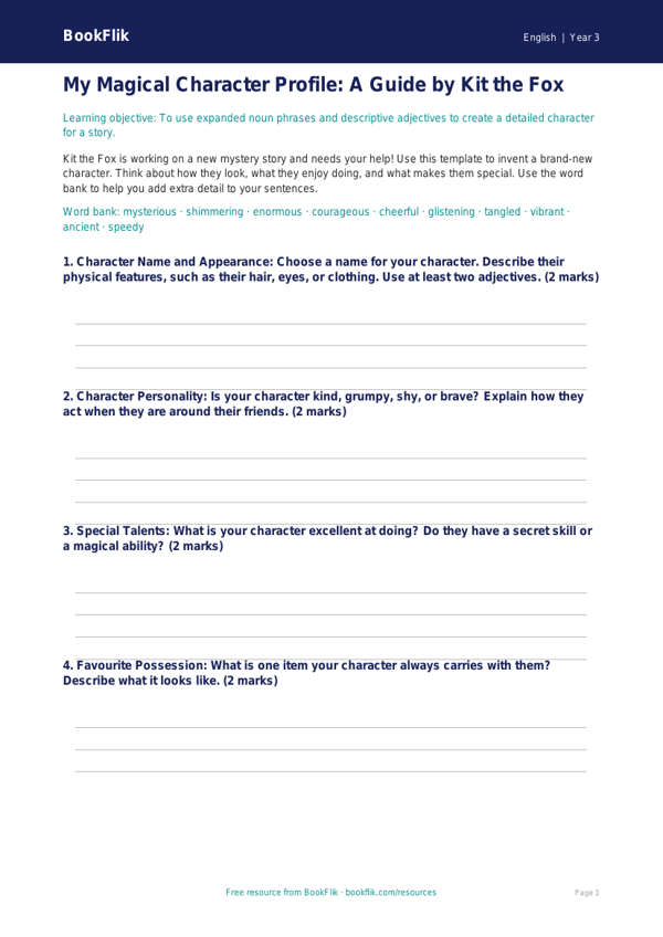 Free Creative Writing Template | Year 3 Core | BookFlik worksheet preview — English Creative Writing