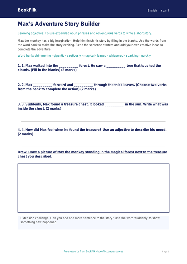 Free Creative Writing Activity Sheet | Year 4 Supported | BookFlik worksheet preview — English Creative Writing