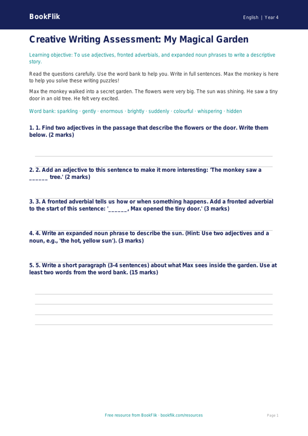 Free Creative Writing Assessment | Year 4 Supported | BookFlik worksheet preview — English Creative Writing