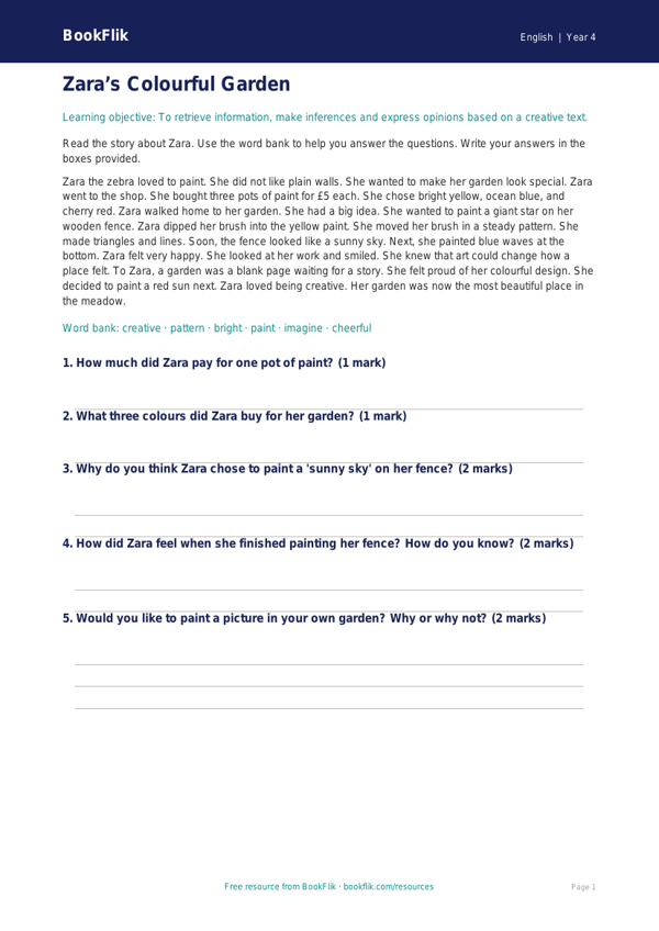 Free Creative Writing Comprehension | Year 4 Supported | BookFlik worksheet preview — English Creative Writing