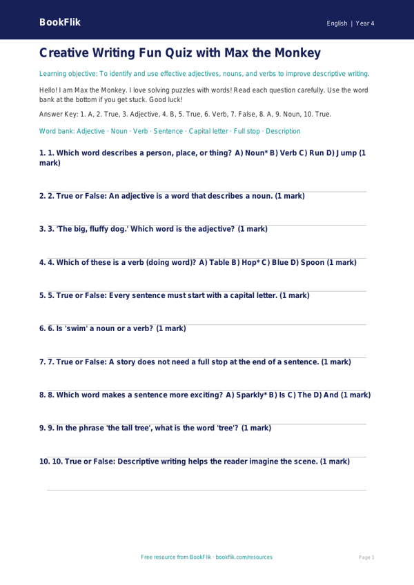 Free Creative Writing Quiz | Year 4 Supported | BookFlik worksheet preview — English Creative Writing