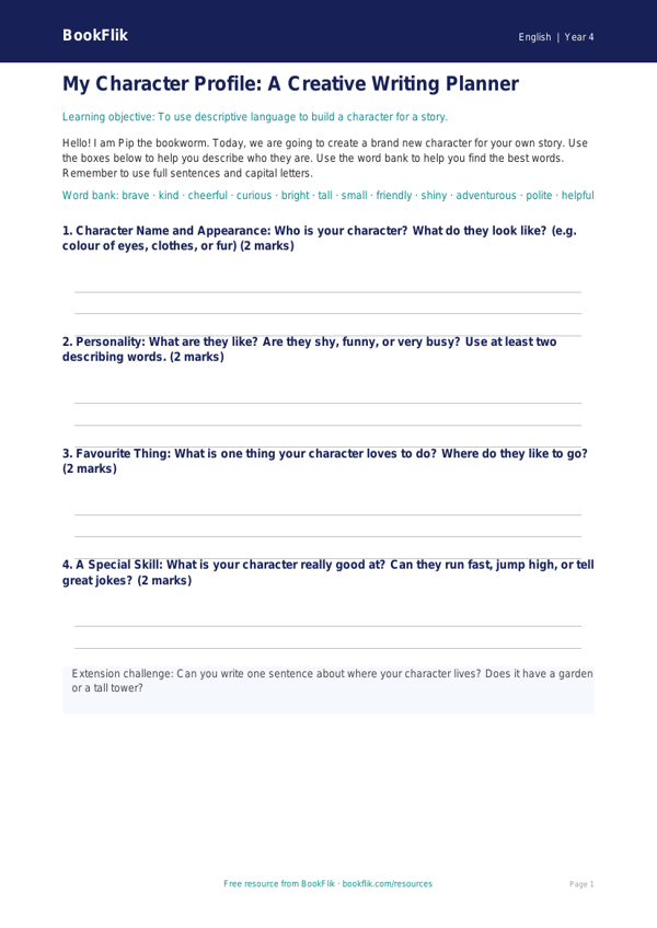 Free Creative Writing Template | Year 4 Supported | BookFlik worksheet preview — English Creative Writing