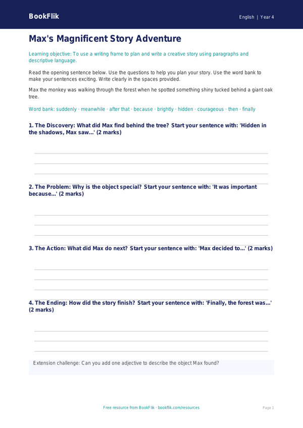 Free Creative Writing Writing Frame | Year 4 Supported | BookFlik worksheet preview — English Creative Writing