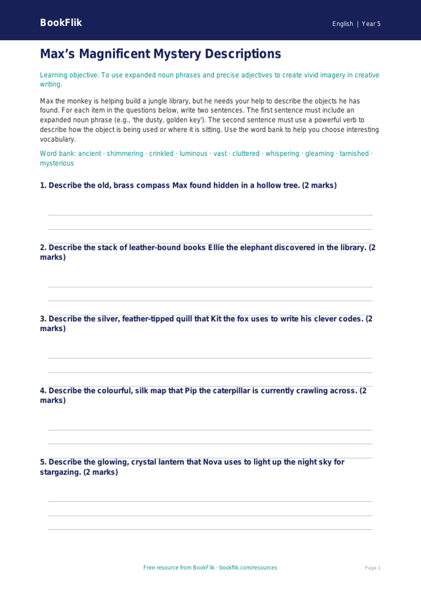 Free Creative Writing Activity Sheet | Year 5 Core | BookFlik worksheet preview — English Creative Writing