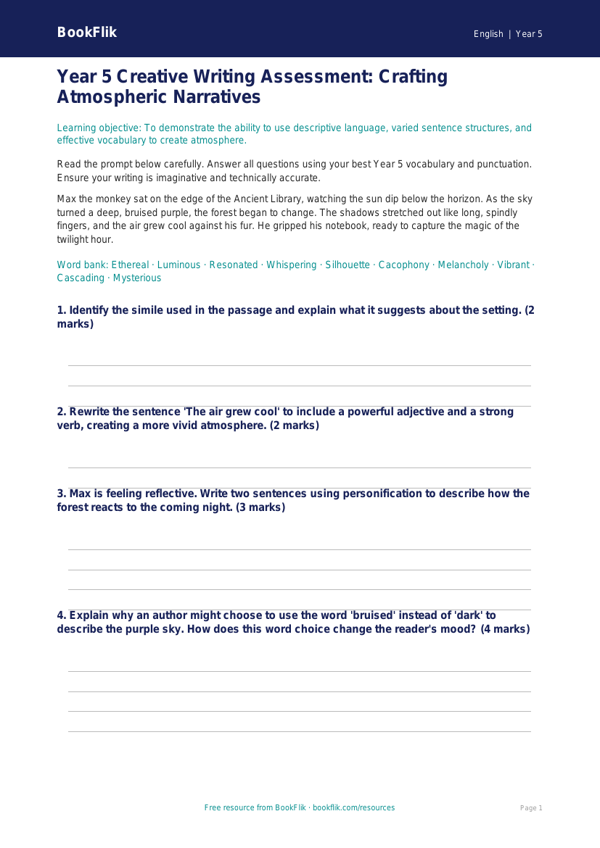 Free Creative Writing Assessment | Year 5 Greater Depth | BookFlik worksheet preview — English Creative Writing