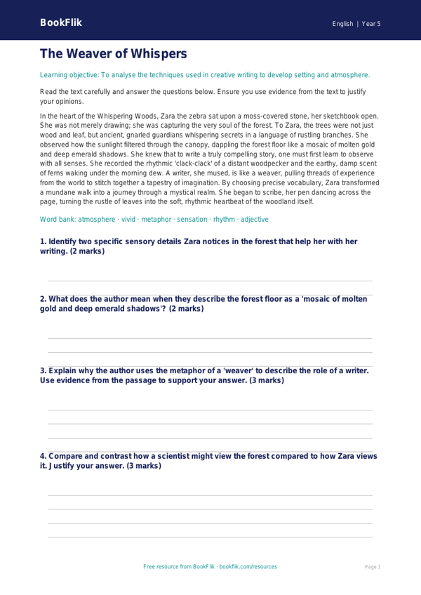 Free Creative Writing Comprehension | Year 5 Greater Depth | BookFlik worksheet preview — English Creative Writing