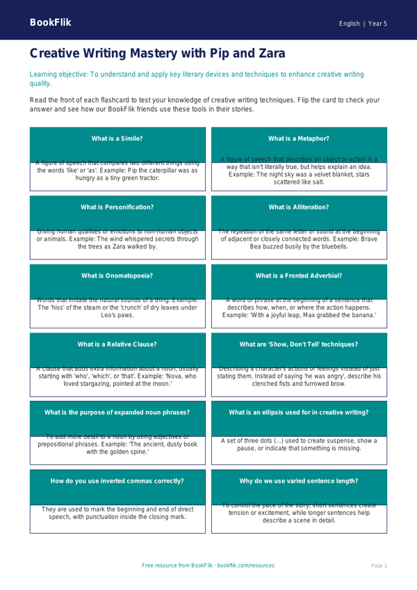 Free Creative Writing Flashcards | Year 5 Core | BookFlik worksheet preview — English Creative Writing