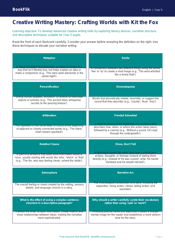 Free Creative Writing Flashcards | Year 5 Greater Depth | BookFlik worksheet preview — English Creative Writing