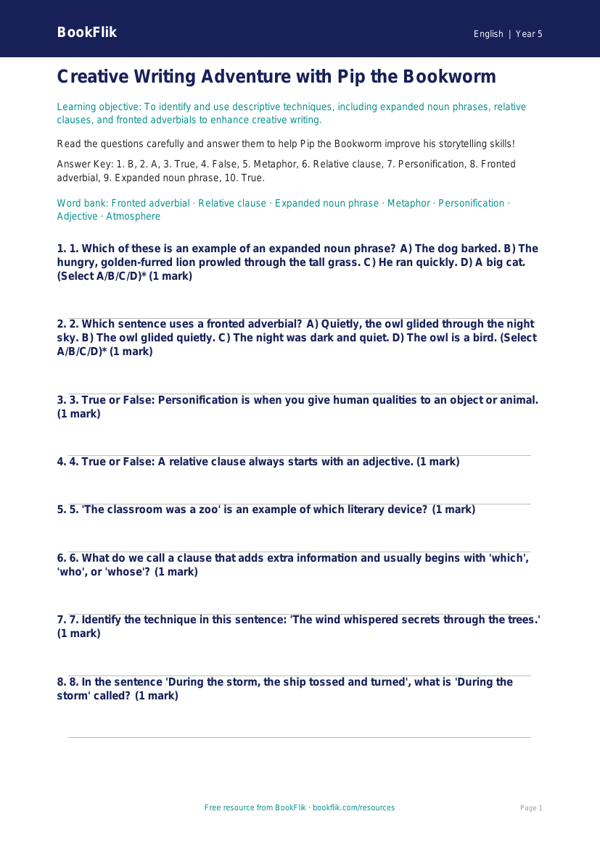 Free Creative Writing Quiz | Year 5 Core | BookFlik worksheet preview — English Creative Writing