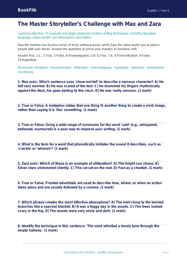 Free Creative Writing Quiz | Year 5 Greater Depth | BookFlik worksheet preview — English Creative Writing
