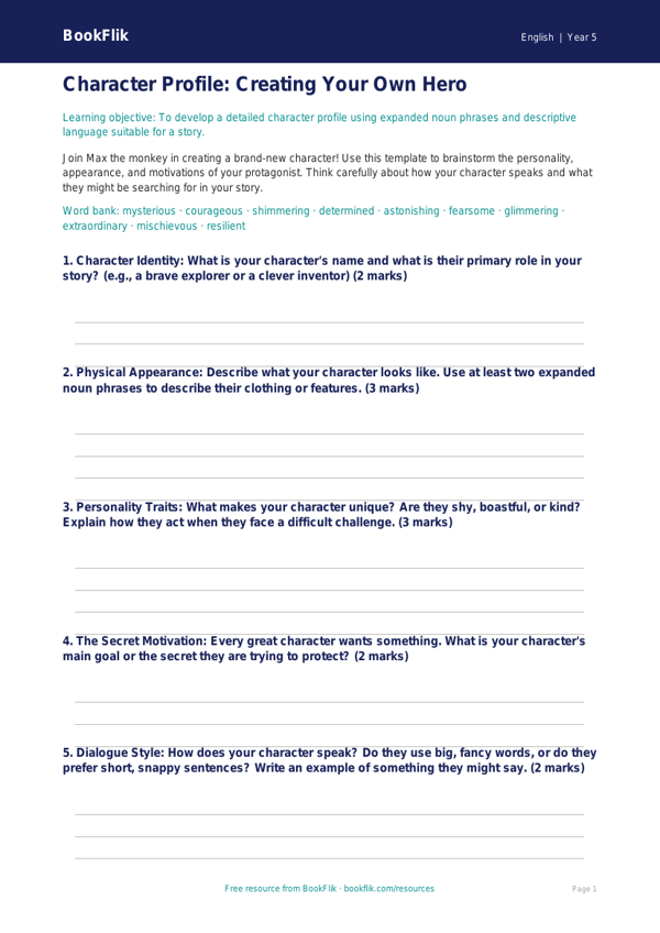 Free Creative Writing Template | Year 5 Core | BookFlik worksheet preview — English Creative Writing