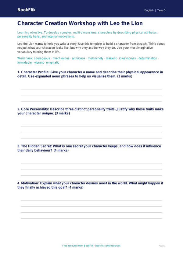 Free Creative Writing Template | Year 5 Greater Depth | BookFlik worksheet preview — English Creative Writing