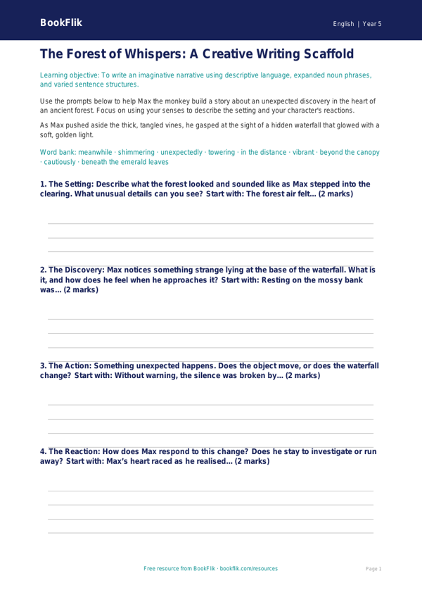 Free Creative Writing Frame | Year 5 Literacy Resource | BookFlik worksheet preview — English Creative Writing