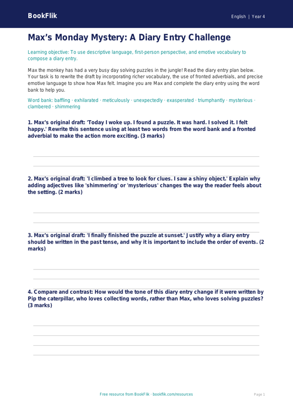 Free Diary Writing Activity Sheet | Year 4 Greater Depth | BookFlik worksheet preview — English Diary Writing