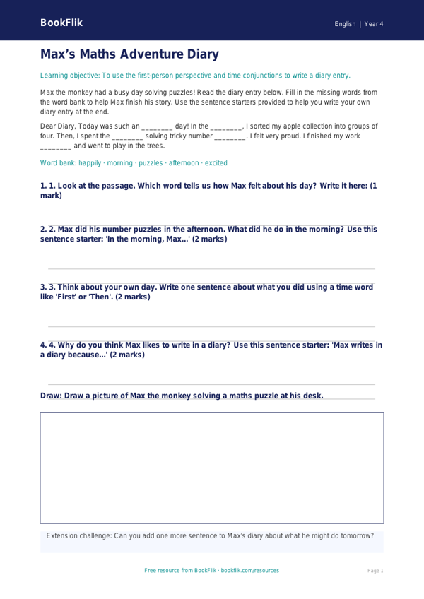 Free Diary Writing Activity Sheet | Year 4 Supported | BookFlik worksheet preview — English Diary Writing