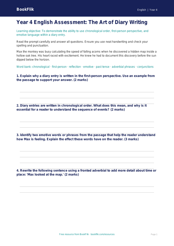 Free Diary Writing Assessment | Year 4 Greater Depth | BookFlik worksheet preview — English Diary Writing