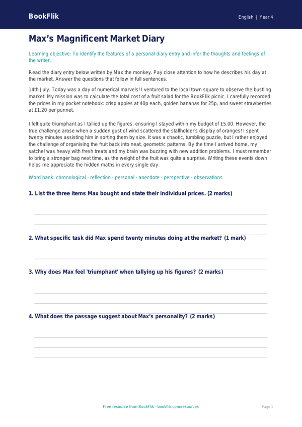 Free Diary Writing Comprehension | Year 4 Greater Depth | BookFlik worksheet preview — English Diary Writing