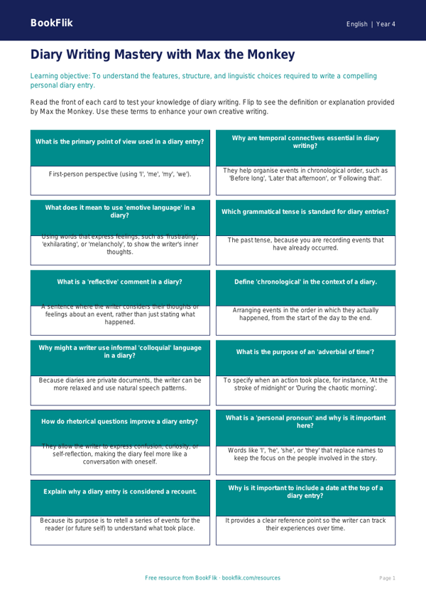 Free Diary Writing Flashcards | Year 4 Greater Depth | BookFlik worksheet preview — English Diary Writing