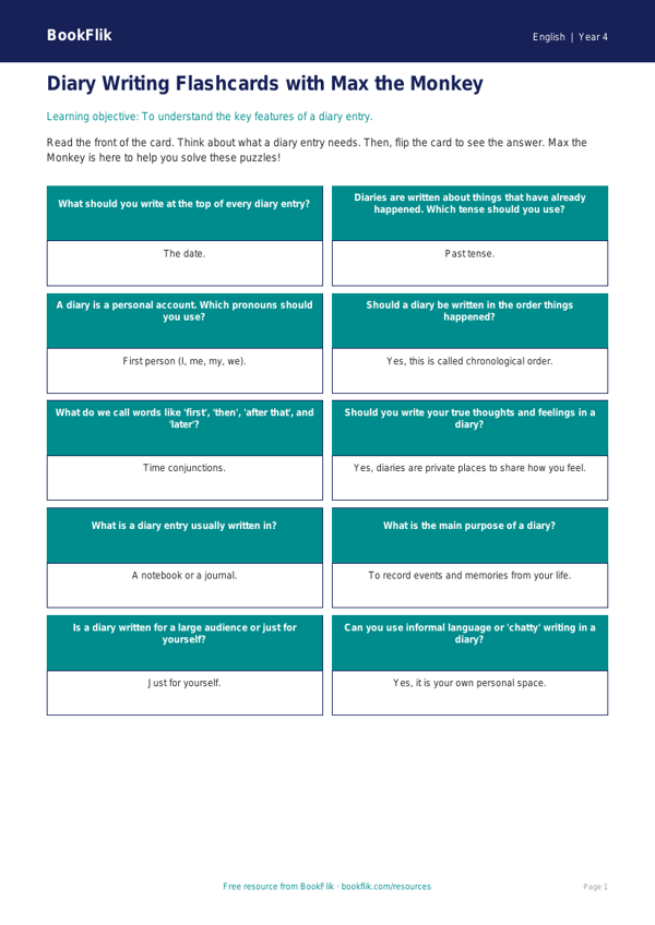 Free Diary Writing Flashcards | Year 4 Supported | BookFlik worksheet preview — English Diary Writing