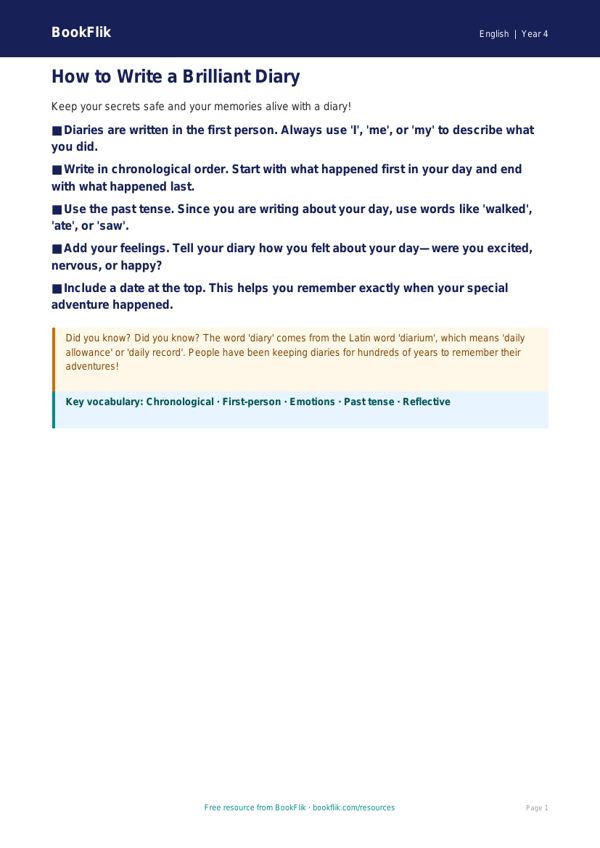 Free Diary Writing Poster | Year 4 Supported | BookFlik worksheet preview — English Diary Writing