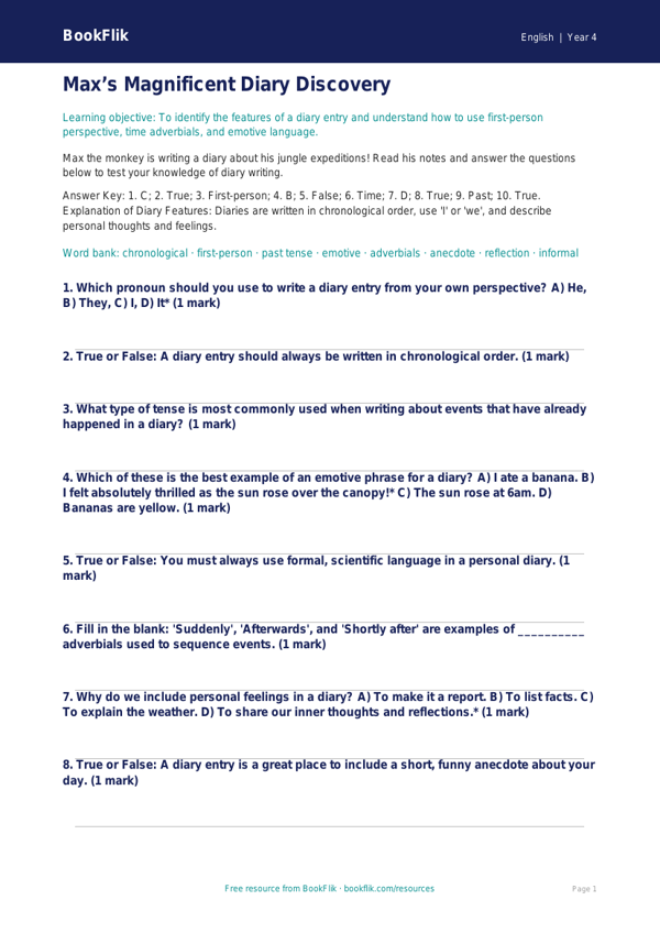 Free Diary Writing Quiz | Year 4 Greater Depth | BookFlik worksheet preview — English Diary Writing