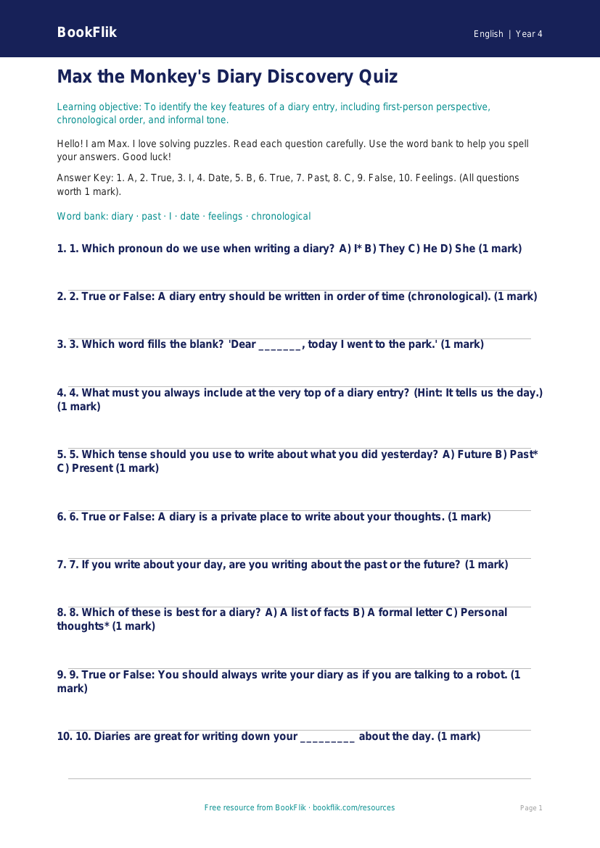 Free Diary Writing Quiz | Year 4 Supported | BookFlik worksheet preview — English Diary Writing