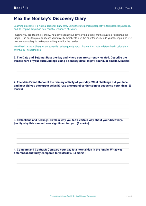 Free Diary Writing Template | Year 4 Greater Depth | BookFlik worksheet preview — English Diary Writing
