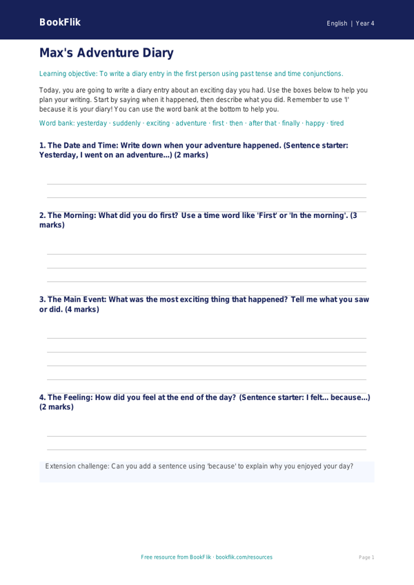 Free Diary Writing Template | Year 4 Supported | BookFlik worksheet preview — English Diary Writing