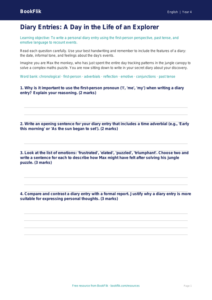 Free Diary Writing Worksheet | Year 4 Greater Depth | BookFlik