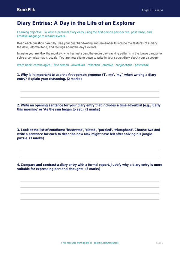 Free Diary Writing Worksheet | Year 4 Greater Depth | BookFlik worksheet preview — English Diary Writing