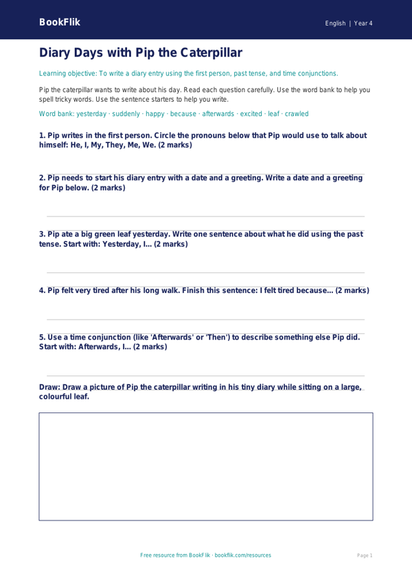 Free Diary Writing Worksheet | Year 4 Supported | BookFlik worksheet preview — English Diary Writing