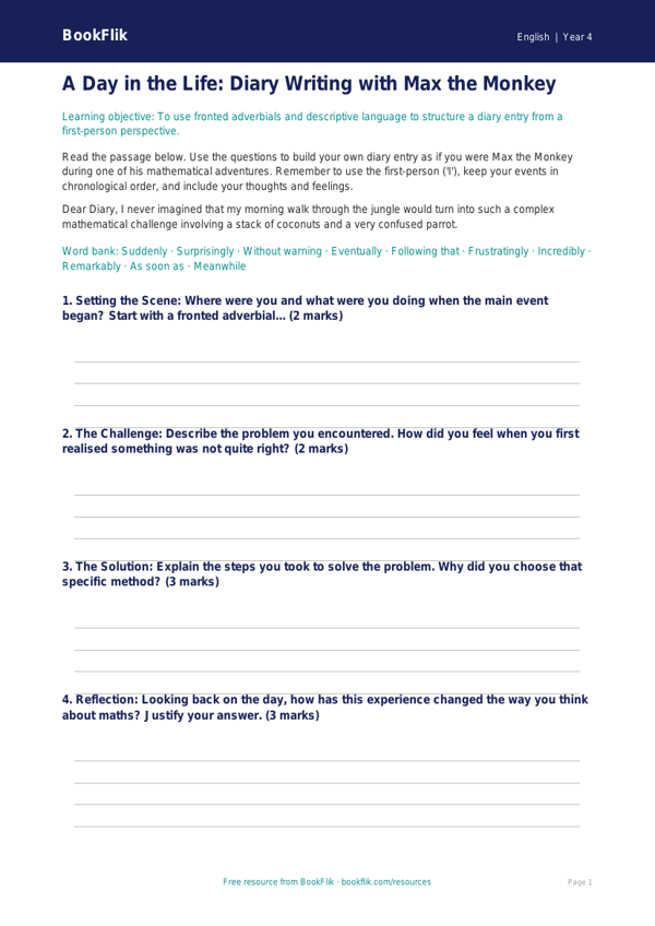 Free Diary Writing Writing Frame | Year 4 Greater Depth | BookFlik worksheet preview — English Diary Writing