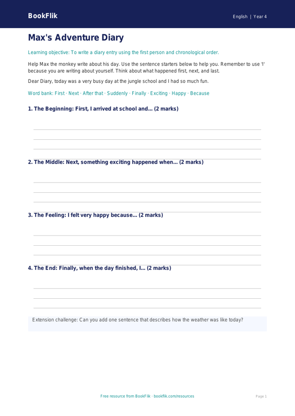 Free Diary Writing Frame | Year 4 Supported Worksheet | BookFlik worksheet preview — English Diary Writing