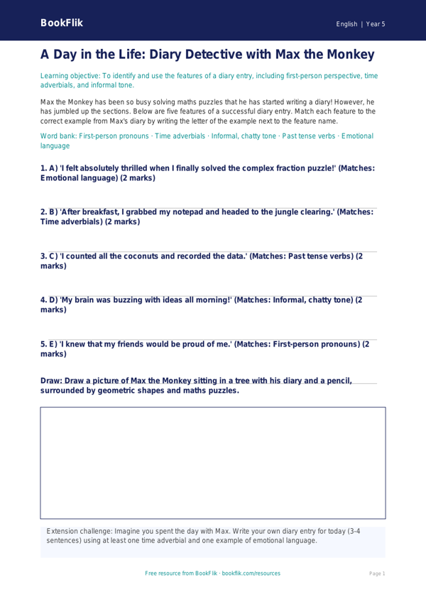 Free Diary Writing Activity Sheet | Year 5 Core | BookFlik worksheet preview — English Diary Writing