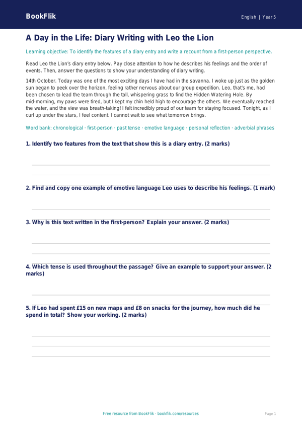 Free Diary Writing Track Sheet | Year 5 Core | BookFlik worksheet preview — English Diary Writing