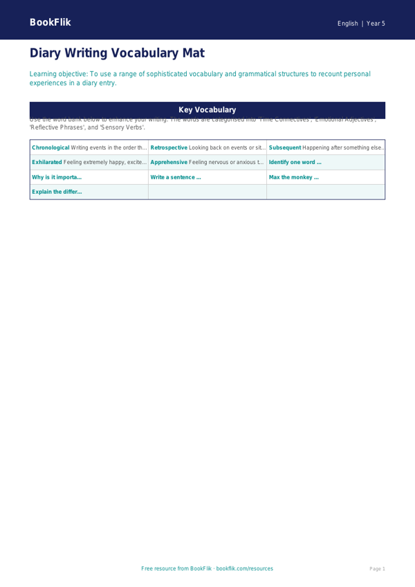 Free Diary Writing Word Mat | Year 5 Core | BookFlik worksheet preview — English Diary Writing