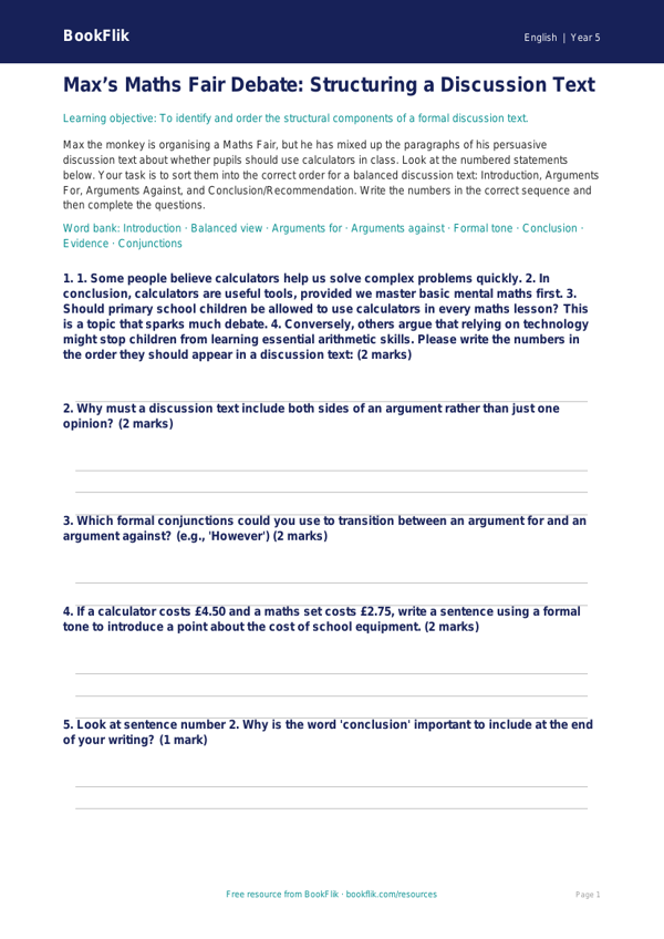 Free Discussion Texts Activity Sheet | Year 5 Core | BookFlik worksheet preview — English Discussion Texts