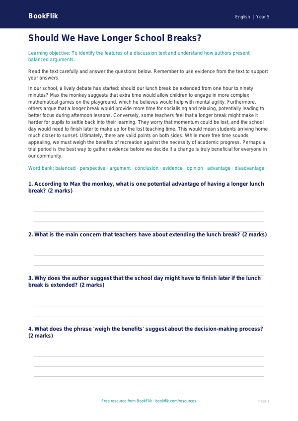 Free Discussion Texts Comprehension | Year 5 Core | BookFlik worksheet preview — English Discussion Texts
