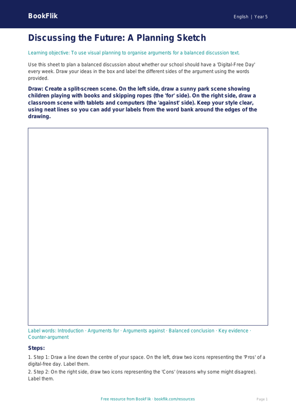 Free Discussion Texts Drawing Sheet | Year 5 Core | BookFlik worksheet preview — English Discussion Texts