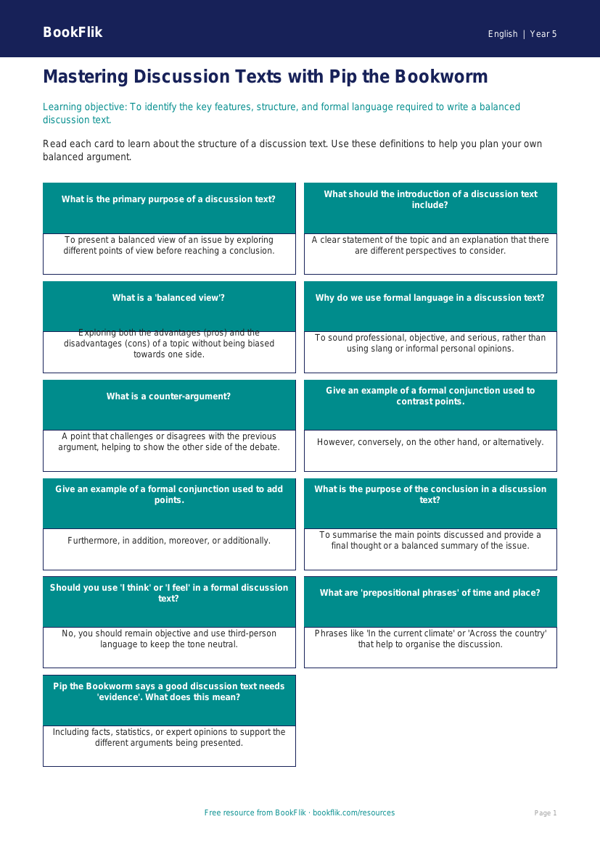 Free Discussion Texts Flashcards | Year 5 Core | BookFlik worksheet preview — English Discussion Texts