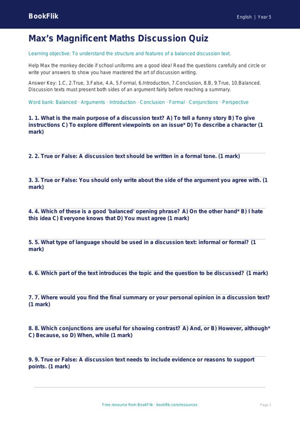 Free Discussion Texts Quiz | Year 5 Core | BookFlik worksheet preview — English Discussion Texts