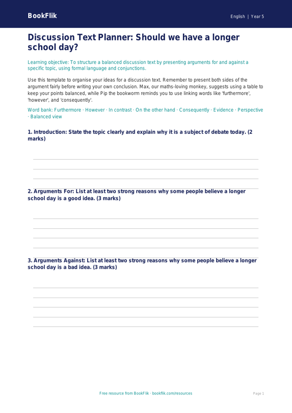 Free Discussion Texts Template | Year 5 Core | BookFlik worksheet preview — English Discussion Texts
