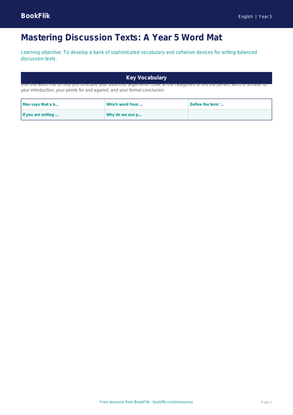 Free Discussion Texts Word Mat | Year 5 Core | BookFlik worksheet preview — English Discussion Texts