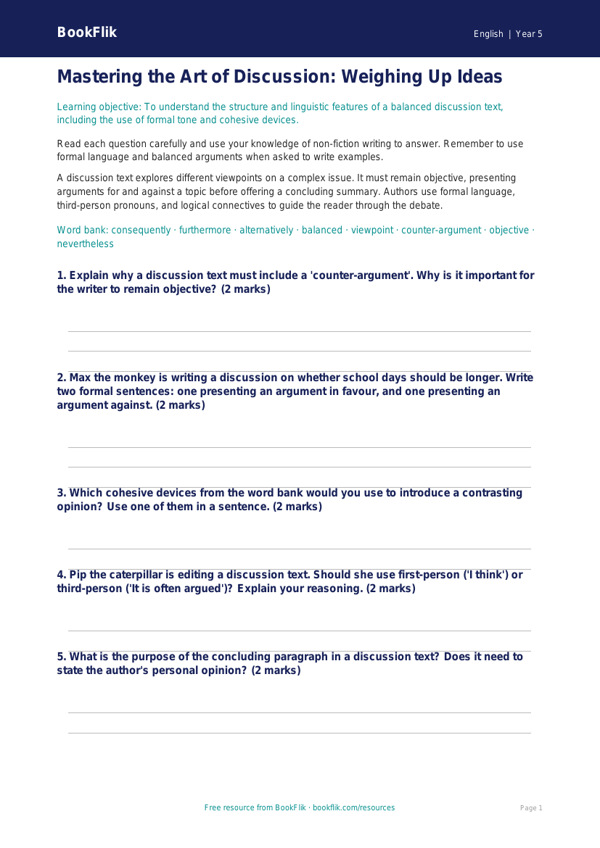 Free Discussion Texts Worksheet | Year 5 Core | BookFlik worksheet preview — English Discussion Texts